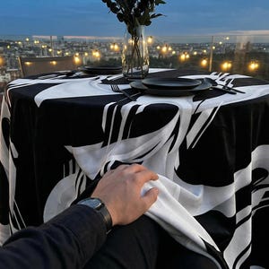 Black White Tablecloth | Modern Abstract Wave Table Cover | Rectangle Round Contemporary Decor