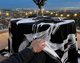 Black White Tablecloth | Modern Abstract Wave Table Cover | Rectangle Round Contemporary Decor