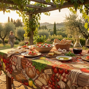 Italian Kitchen Tablecloth | Tomato Bread Rustic Market Table Cover | Rectangle Round Farmhouse Decor