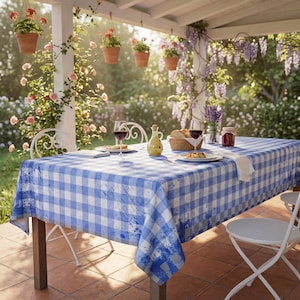 May include: A blue and white checkered tablecloth covers a wooden table set for a meal. The table is set with plates, glasses of red wine, and a yellow bottle. Hanging flower pots and climbing roses add to the outdoor dining scene.