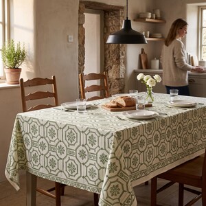May include: A rectangular tablecloth featuring a repeating geometric pattern of sage green octagons and floral motifs on a white background. The fabric drapes over a dining table set with clear glasses, white plates, and a wooden cutting board.