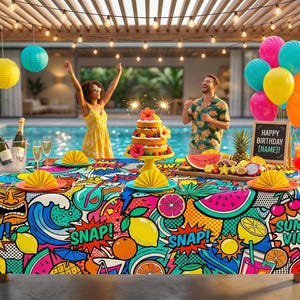 May include: A rectangular tablecloth featuring a vibrant, multi-colored pop art pattern with comic book style graphics including lemons, watermelons, cherries, waves, and text bubbles reading POW, SNAP, and SUMMER VIBES on a bright background.
