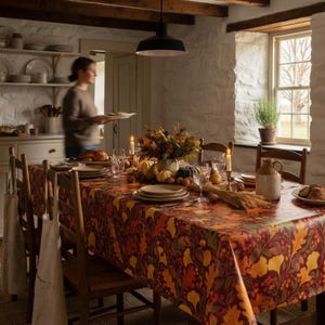 May include: A rectangular tablecloth featuring a dense autumnal pattern of orange, yellow, and brown oak leaves, ginkgo leaves, and acorns on a dark background, draped over a dining table set with plates, glassware, candles, and a centerpiece.