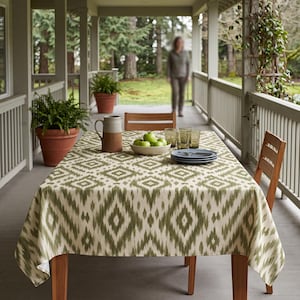 May include: A rectangular dining table covered with a cream and olive green ikat patterned tablecloth. On the table sits a two-toned ceramic pitcher, a white bowl filled with green apples, three clear drinking glasses, and a stack of blue plates.