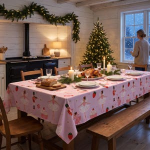 May include: A light pink tablecloth featuring a repeating pattern of ballerinas, nutcrackers, cupcakes, and strawberries. The rectangular fabric cover is draped over a wooden dining table set with white plates, glasses, and a roasted chicken.