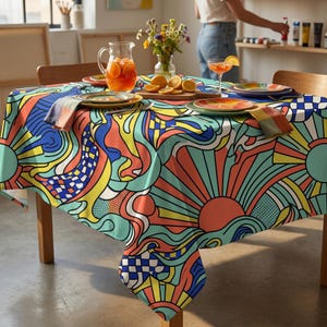 Retro Tablecloth | Groovy Sunburst Psychedelic Wave Table Cover | Rectangle Round Boho Decor