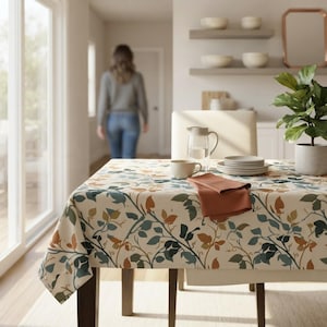 May include: A rectangular tablecloth featuring a botanical pattern of leaves in shades of teal, dark green, and burnt orange on a cream background. The tablecloth is draped over a dining table, which holds a white pitcher, a mug, and a stack of plates.