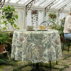 Botanical Tablecloth | Eucalyptus Fern Wildflower Table Cover | Rectangle Round Sage Green Decor