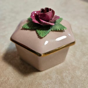 Vintage Crown China Porcelain Rose Box, Hexagonal English Ring / Trinket Holder