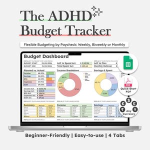 May include: A digital budget tracker displayed on a laptop screen titled The ADHD Budget Tracker. The dashboard features tables for income, savings, and expenses, along with pie charts for income breakdown. Includes icons for spreadsheet, PDF, and currency.