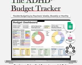 ADHD Friendly Budget Tracker Google Sheets Budget Planner Monthly Weekly Biweekly Income Expense Spreadsheet