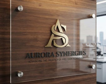以下が含まれることがあります： 4つの銀色の金属製スタンドオフで取り付けられた透明なアクリル製の長方形の看板。看板にはASの文字をあしらった金色のロゴがあり、その下に黒い文字でAURORA SYNERGIES、さらにその下にADVANCING THE FRONTIER OF PRECISION TECHNOLOGYというタグラインが記されています。
