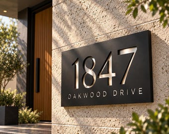 以下が含まれることがあります： メタリックシルバーの数字「1847」とサンセリフ体の「OAKWOOD DRIVE」という文字が刻まれた、長方形の黒い番地プレート。プレートは木製のドアの横にある、質感のあるベージュの石壁に取り付けられています。