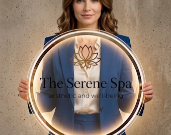 以下が含まれることがあります： 金色の蓮の花のアイコンと、その下に黒字で「The Serene Spa」、さらに小さな文字で「aesthetic and well-being」と書かれた円形の照明付き看板。看板には光る縁取りがあり、ニュートラルな質感のコンクリートの背景の前に配置されています。
