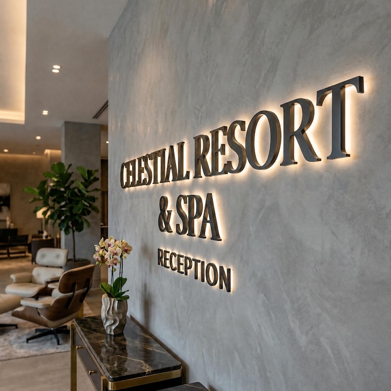 Op de afbeelding: Een wandbord met verlichte zwarte letters met de tekst CELESTIAL RESORT & SPA RECEPTION, gemonteerd op een grijs gestructureerd oppervlak. Het bord heeft een gloeiend halo-effect achter elke letter voor een hoog contrast.