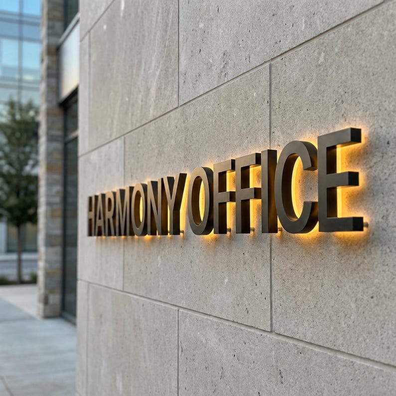 Op de afbeelding: Een driedimensionaal wandbord met de zwarte tekst HARMONY OFFICE gemonteerd op een lichtgrijze stenen muur. De letters zijn verlicht met een warme gele gloed, wat een duidelijk silhouet cre&euml;ert tegen het gestructureerde oppervlak.