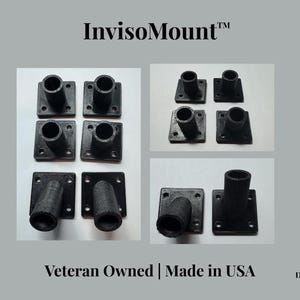May include: A set of black Invisomount mounting brackets featuring a square base with four corner screw holes and a central cylindrical tube. The product is displayed in multiple orientations, including straight and angled configurations for installation.