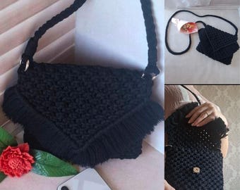 Black Macrame Fringe Shoulder Bag – Boho Elegance Accessory
