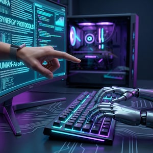 May include: A computer setup with a monitor displaying code and the text "SYNERGY PROTOCOLS" and "HUMAN-AI SYN". A human hand points at the screen, while robotic hands type on a keyboard. The keyboard and computer components glow with blue and purple lights.