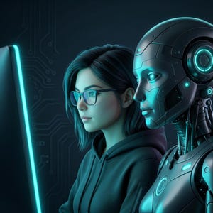 May include: A woman with glasses and a black hoodie gazes at a computer screen with a neon blue border, next to a futuristic robot with glowing blue details. The background shows a circuit board pattern.
