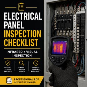 Op de afbeelding: Een checklist voor elektrische paneelinspectie met de tekst "ELECTRICAL PANEL INSPECTION CHECKLIST". De afbeelding toont een infraroodcamera die een thermisch beeld van elektrische componenten weergeeft, en pictogrammen voor veiligheid.