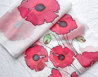 Red Poppies Silk Scarf,long shawl, handmade, floral hand painted scarf, pure silk, gift for her