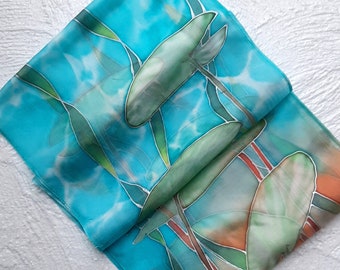 Water Lillies in the Lake, Hand Painted Silk Scarf, painted water scarf, leafs, pure silk, shawl for her