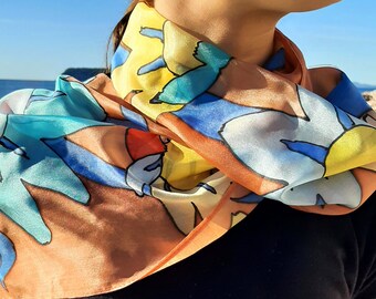 Daisy Silk Scarf, hand painted in blue, yellow and coper, modern design, elegant accessorie, gift for her, silk scarves on Etsy