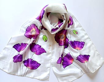 Purple Poppies Silk Scarf, long shawl, handmade, floral hand painted scarf, pure silk, gift