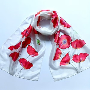 Rote Mohnblumen Seidenschal, lange Stola, handgemacht, Blumen Schal, reine Seide, Geschenk für Sie