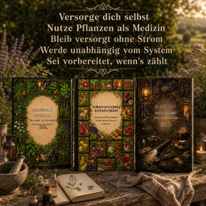 May include: Three books with detailed illustrations and text in German. The titles include "Heilkräuter in Deutschland", "Selbstversorgung in Deutschland", and "Blackout in Deutschland". The image also features an open book and apothecary jars.