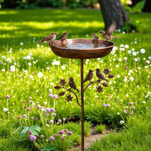 May include: A bronze-colored bird bath with a shallow bowl and a decorative tree-like base. Several small brown birds perch on the rim and branches. The bird bath is set in a lush green garden with wildflowers.