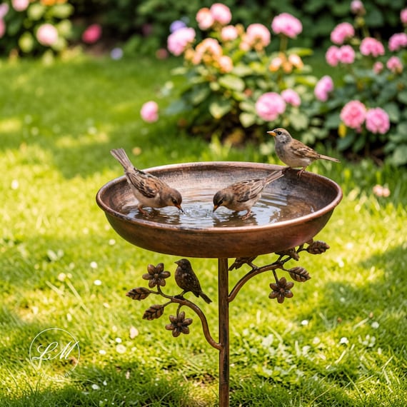 Vintage Bronze Metal Bird Bath – Rustic Garden Decor, Outdoor Bird Bath, Garden Bird Feeder, Patio Lawn Yard Decor, Standing Bird Bath