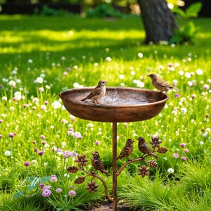 Vintage Bronze Metal Bird Bath – Rustic Garden Decor, Outdoor Bird Bath, Garden Bird Feeder, Patio Lawn Yard Decor, Standing Bird Bath A