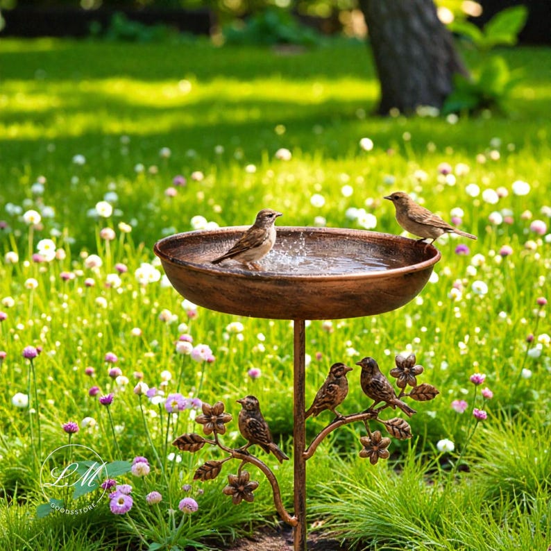 Vintage Bronze Metal Bird Bath – Rustic Garden Decor, Outdoor Bird Bath, Garden Bird Feeder, Patio Lawn Yard Decor, Standing Bird Bath A
