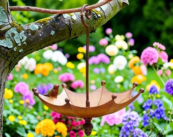 Vintage Regenschirm Hängende Vogelhäuschen, rustikale Metall Gartendekoration, Veranda Terrasse Dekor, wunderliche Vogelhäuschen, Garten Geschenkidee