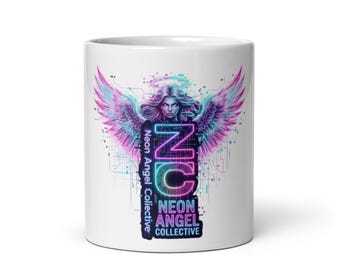Neon Angel Cyberpunk Mug, Futuristic Wing Coffee Cup, Sci-Fi Art (11oz, 15oz, 20oz)