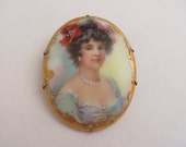 Beautiful Antique Porcelain Hand Painted Victorian Portrait Brooch of a Lady