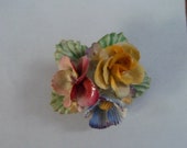 Vintage Porcelain Flower Brooch Made in England Green Yellow Blue Pink