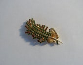 SALE Vintage Christmas Green Red Goldtone  Rhinestone Pine Cone Leaf Design Brooch