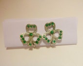 Vintage Silvertone Shamrock Screwback Earrings with Green Rhinestones