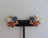 Vintage Sarah Coventry Red White and Blue Americana Bicentennial Clip On Gold Tone Earrings