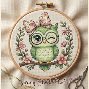 May include: A cross-stitch pattern in a wooden embroidery hoop featuring a green owl with round glasses and a floral bow, perched on a branch surrounded by pink flowers. The design includes text reading 200x200 Stitches, DMC Colors, and Spring Stitch Studio.