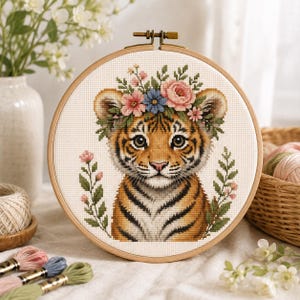 Könnte beinhalten: Ein Kreuzstich-Stickprojekt in einem runden Holzrahmen, das ein Tigerbaby mit einem Blumenkranz aus rosa und blauen Blüten zeigt. Der Tiger hat orangefarbenes Fell mit schwarzen Streifen und große braune Augen, flankiert von zwei Stielen mit rosa Blüten.