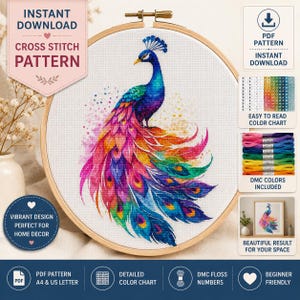 Patrón de punto de cruz de pavo real colorido en PDF / Diseño de bordado de aves vibrantes / Patrón digital de descarga instantánea
