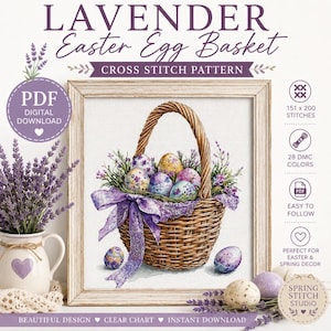 Patrón de punto de cruz de cesta de huevos de Pascua de lavanda (descarga en PDF)