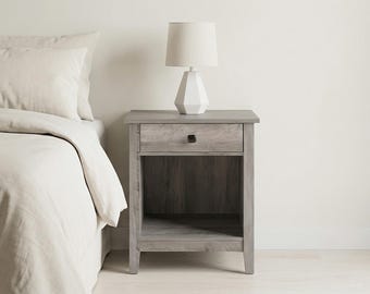 Narrow Nightstand Set – Grey Wood Grain Storage Table for Small Spaces