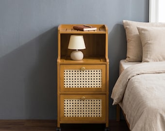Narrow Nightstand Bamboo Drawer Mobile Side Table Small Space Bedroom