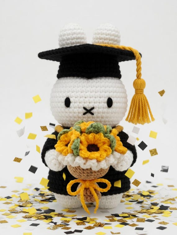 Graduation Bunny with Flower Bouquet, Crochet Graduation Gift, Handmade Class of 2026 Keepsake, Personalized Flower Rabbit Plushie