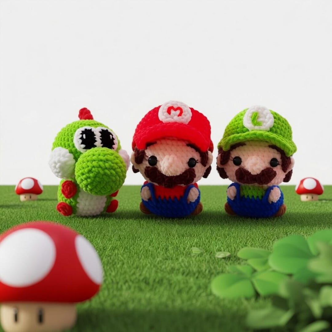 Super Mario Bros Crochet Trio - Handmade Mario, Luigi & Yoshi Amigurumi ...